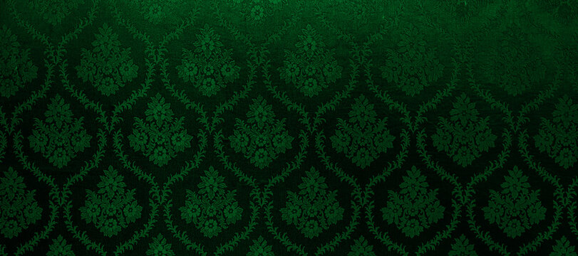 Luxurious Dark Green Damask Fabric Texture with Floral Ornament