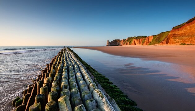 Tranquil Coastal Scene With Wooden Breakwater Along Quiet Beach And Distant Cliffs Under Clear Sky Evening