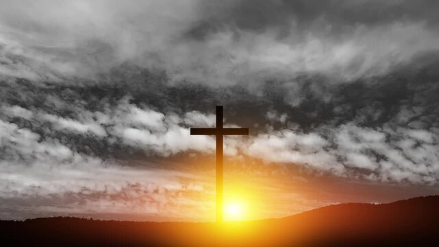 Christian cross on hill outdoors at sunrise. Resurrection of Jesus. Spiritual hope and resurrection concept, Good Friday, Easter.