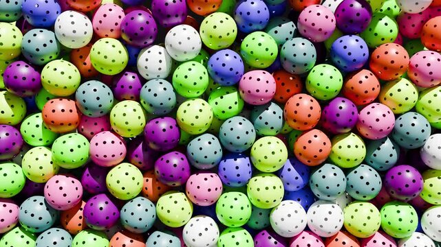 Many colorful pickleball balls fall from above and fill the screen. Shortly thereafter, the balls fall off the screen and it becomes empty.