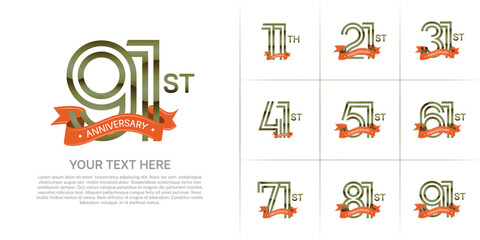 Fototapeta premium Anniversary logo set with double line number style. green color with orange ribbon can be use for special moment