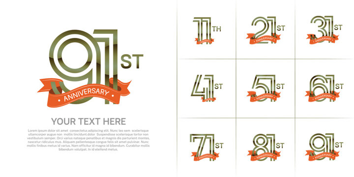 Anniversary logo set with double line number style. green color with orange ribbon can be use for special moment