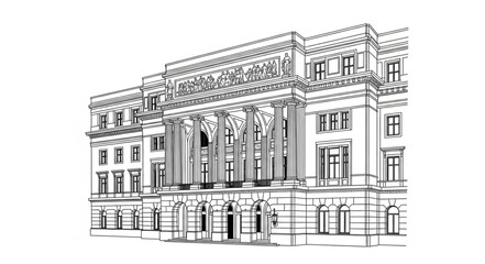 Naklejka premium Architectural Sketch of a Grand Building with Columns and Windows.
