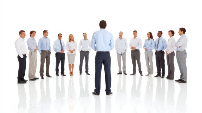 team leader addressing group centered composition full body isolated on pure white background studio lighting no shadow under subject high detail sharp focus commercial product photography no environ