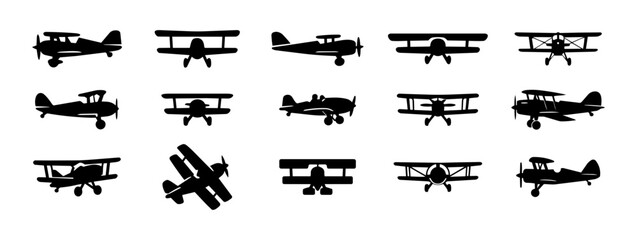 Vintage Biplane Silhouette Set – Classic Double Wing Aircraft Aviation Icons Collection © Mediasegment