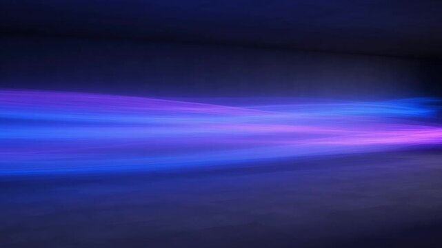 Dark empty concrete room with abstract moving blue and purple neon light trails