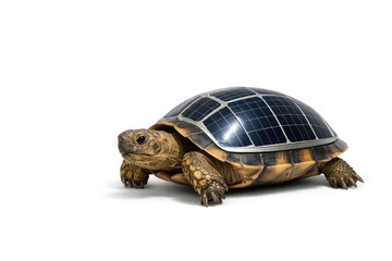 Obraz premium Turtle with a shell from a solar panel on a white background. Space for text.