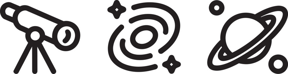 Line art illustration of a telescope, spiral galaxy, and ringed planet with stars © Pappu0099