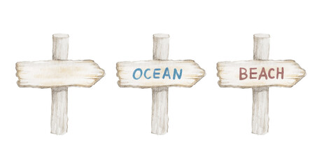 Watercolor wooden signpost set, hand-painted blank white wood direction signs with beach text-300dpi-   © SHIRO