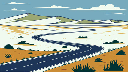 Scenic vector illustration of a winding road across hills near the coast with open sky. Ideal for travel posters, road trip themes, landscape backgrounds, outdoor adventure design, and tourism graphic © yossi