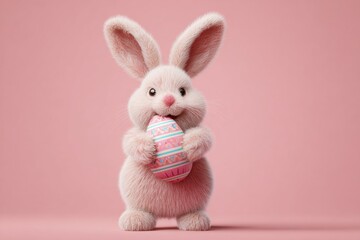Fototapeta premium Easter magic with a sweet bunny and a beautiful egg. Advertising photo. Pastel bunny cradles easter egg with warm wishes. Studio portrait. Hero shot.