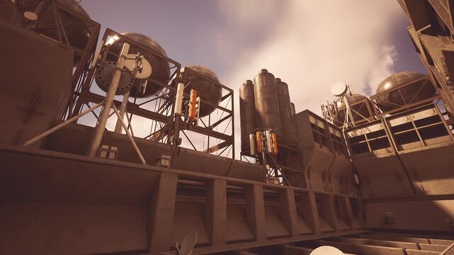 An industrial site displays large silos and complex machinery against a backdrop of clouds. This location emphasizes the intricate design and functionality of the equipment.