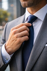 Businessman adjusting his tie in a modern urban setting
