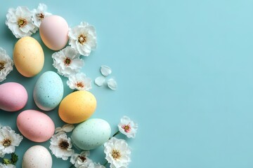 Obraz premium A delightful flat lay of assorted pastel colored Easter eggs and lovely white spring cherry blossoms on a clean light blue surface with soft bright lighting conveying a calm and festive spri