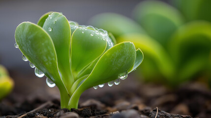 Succulent plant glistening with dew drops in a lush garden, vibrant green leaves with water droplets, blurred background, gardening and nature concept, with copy space