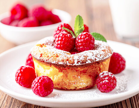 Raspberry popover, gourmet bakery, closeup. AI
