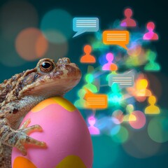 Obraz premium Springtime wishes with a frog and festive egg. Networked people design. Cute frog gently holding a colorful easter egg. Connected people concept. Internet friends network.