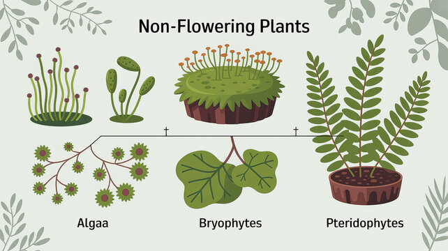 Botanical Illustration of Non-Flowering Plants: A visually informative illustration showcases diverse types of non-flowering plants, with detailed botanical elements.