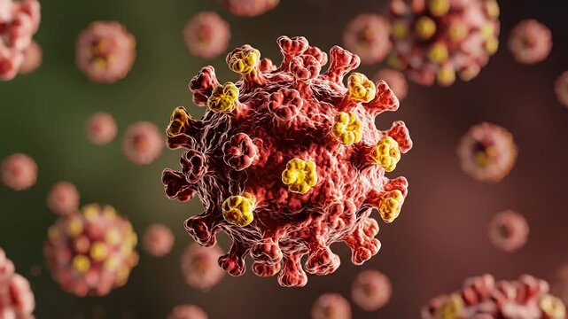 3D rendering of red coronavirus cell with yellow spike proteins.