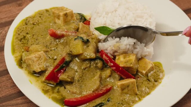 Green curry tofu soup cooking. Thai green curry soup in a white bowl on a white plate with dark background. Flat lay, overhead