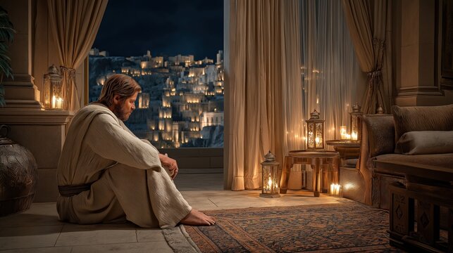 King David contemplating God&rsquo;s promise through Nathan, symbolizing humility, awe, and covenant destiny.