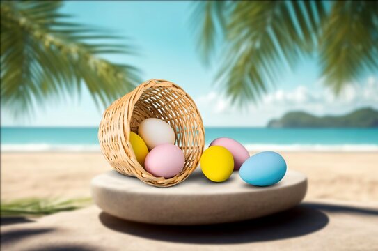 Painted colored Easter eggs, on spring background