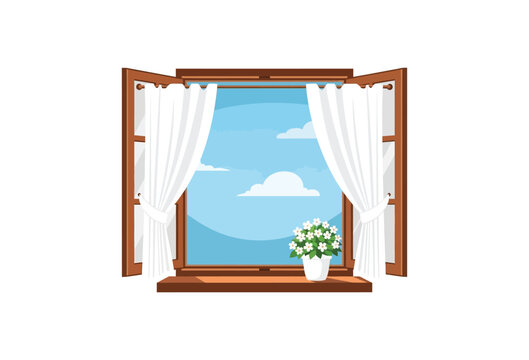 Charming wooden window frame opened wide revealing a bright blue sky with fluffy white clouds and a small potted flower decoration on the sill on transparent background