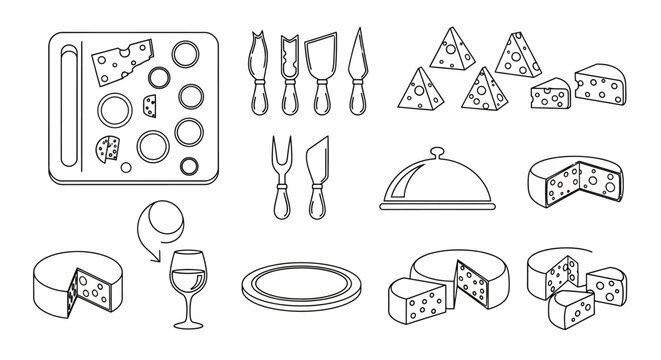 Assorted cheese, bread, fruit, and utensils arranged on a platter with a cutting board and wine in a line drawing.