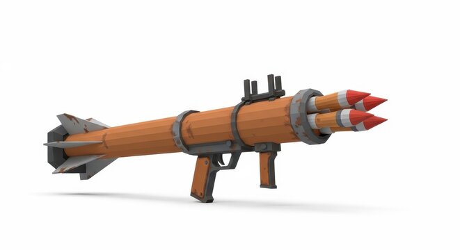 Rustic bazooka style rocket launcher with triple missile design on white background