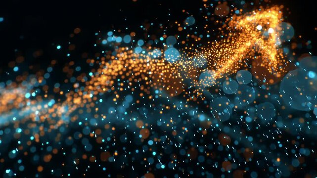 Dynamic particle arrow rising amidst glowing abstract background