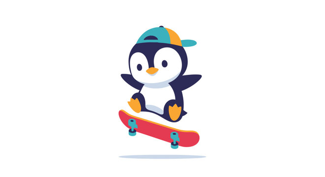 Playful penguin riding a skateboard in a vibrant cartoon illustration.