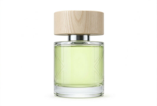 Isolated minimalistic glass perfume bottle with natural light wood cap and fresh light green liquid on pure white transparent background, 3D render