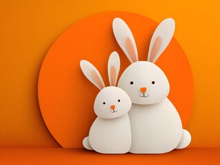 Obraz premium Two adorable white cartoon rabbits sitting side by side against a bright orange background with a large circular shape creating a cheerful and friendly scene