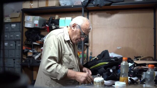 Older man cobbler standing and repairing leather backpack in home workshop, close-up of hands, sewing machine, tools, and detailed artisan craftsmanship in action