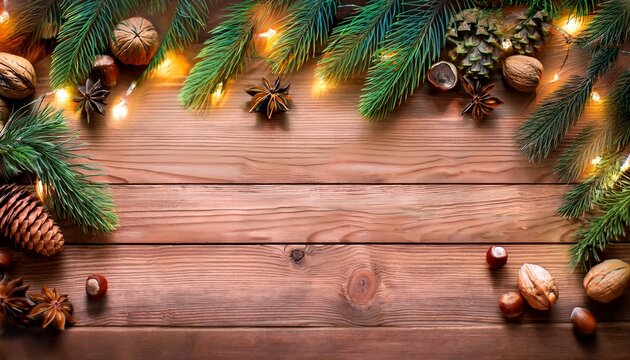 Fondo De Madera Con Adornos Navidenos Luces Hojas De Cedro Y Frutos Secos Ideal Para Usar Como Fondo Para Un Mensaje Para Las Fiestas