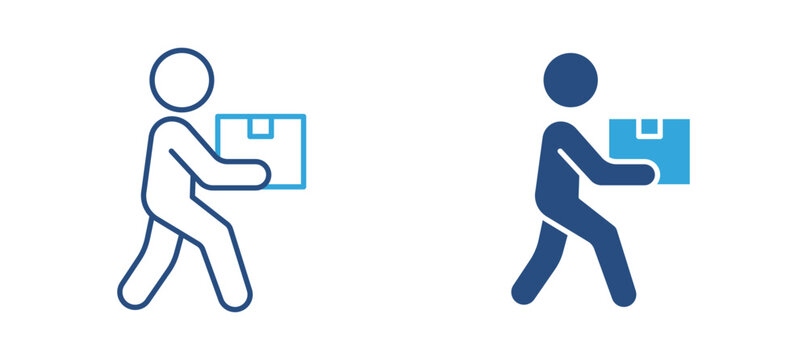 Package delivery icon set. Courier carrying parcel box, shipping service, logistics and fast delivery concept. Vector illustration.