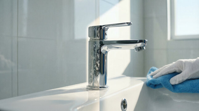Before and after cleaning concept of chrome faucet with limescale removal