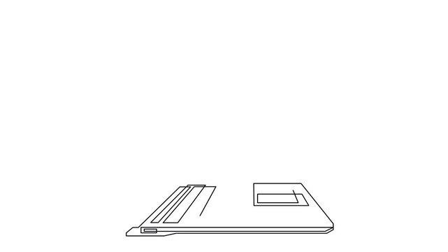 Animated self drawing of continuous line draw of laptop computer with hand giving piles of money banknotes as business concept of online shopping. Full length one line animation. 4K	