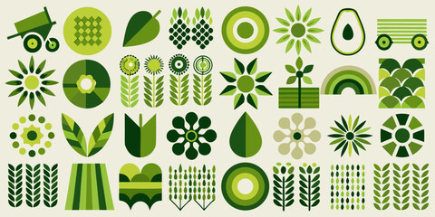 A colorful stylized pattern of various green plants and garden elements © John Lee