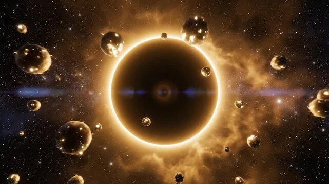 A solar eclipse occurs in space with glowing planets and stars