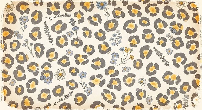 Leopard print with flowers in watercolor style, warm tones, grunge border on off-white background