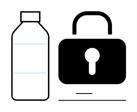 Packaging safety, product security, tamper-proof solutions, regulatory compliance, brand protection, consumer trust. Minimal illustration with bottle and lock icon. Packaging safety and product