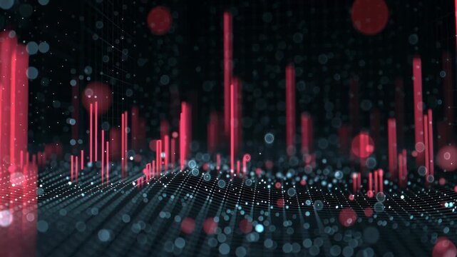 Dynamic red bar graphs rising amidst digital data particles on dark grid background