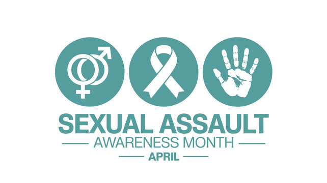 Sexual Assault Awareness Month April Poster with Teal Ribbon Gender Symbols and Hand Icon for Non-profit Advocacy and Support Campaigns