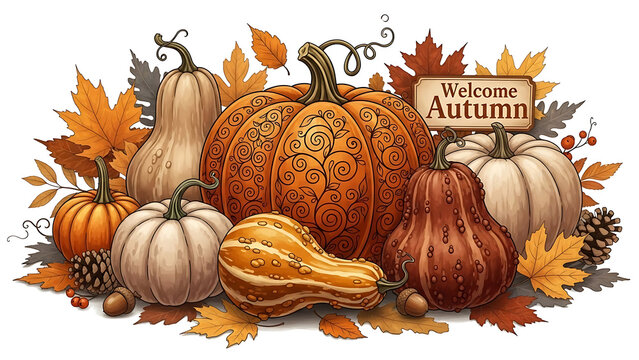 Set of autumnal pumpkins and leaves illustration