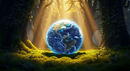 Glowing earth globe resting on mossy forest floor with cinematic sunbeams shining through dense canopy trees representing environmental protection art