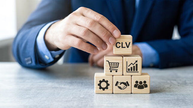 Businessman building a pyramid of wooden blocks with clv customer lifetime value icons and symbols