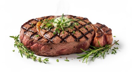 Juicy grilled ribeye steak with herb butter and fresh rosemary garnish on white background