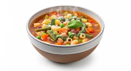 Steaming bowl of vegetable minestrone with fresh basil and parmesan cheese