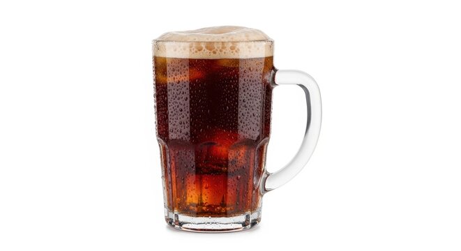 Refreshing mug of root beer with foam on isolated white background